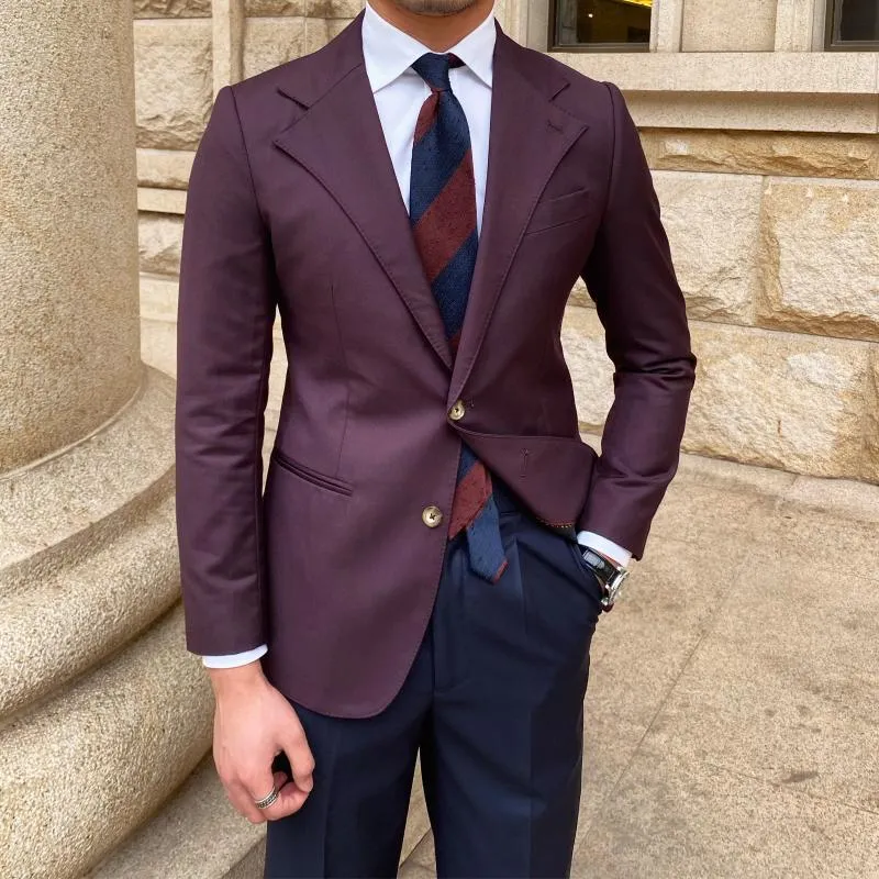 Men's Suits & Blazers British Style Men Italian Wide Collar Versatile Slim Blazer Hombre Suit Chaqueta Prom Vintage Burgundy