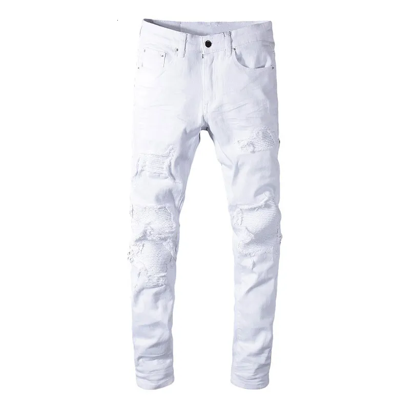 Men's Patchwork Ripped Biker Jeans – Stretch Denim, Pleated Knees, Streetwear Style | Distressed Skinny Fit - View #9