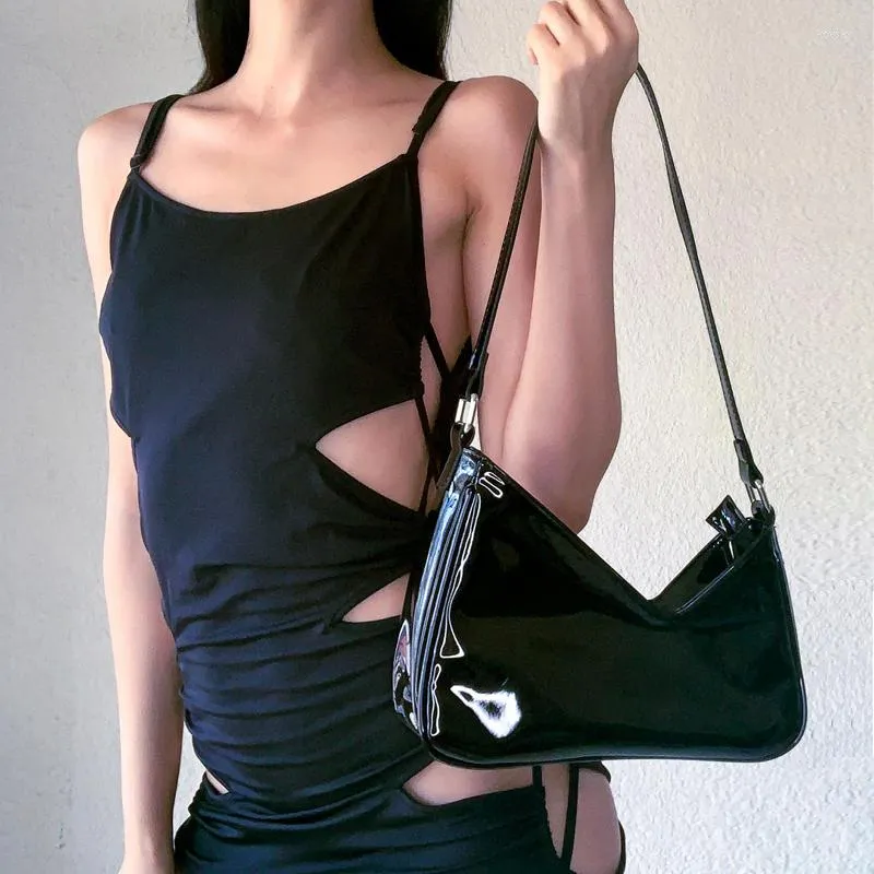 Akşam çantaları vintage kadınlar siyah patent deri omuz çantası moda tasarım bayanlar koltuklu retro y2k küçük çanta çanta