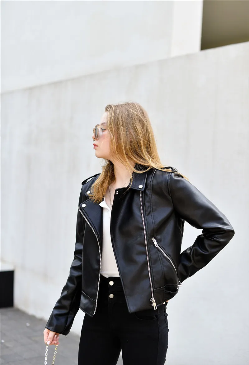 Женские куртки ZVRI Spring Black Fauxleather Jacket Casual молния и езда на езда на езда на езда на езде