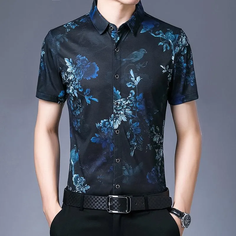 Mäns casual skjortor kreativa blå blommor och fåglar mönster tryck kortärmad skjorta sommarkvalitet mjuk bekväm lyx iskall coola män m-3