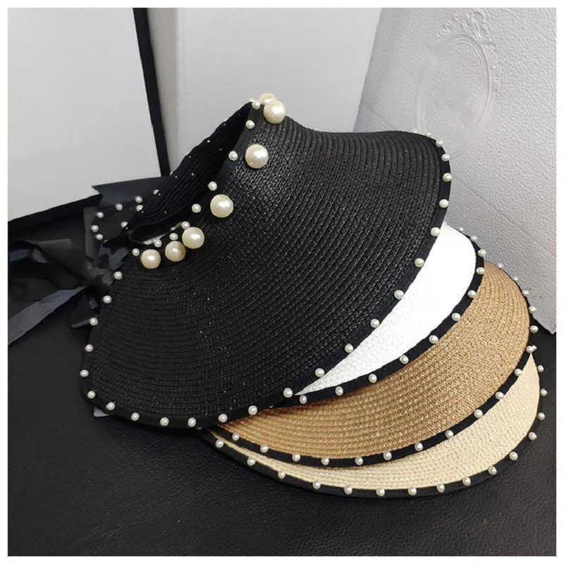 Adjustable Wide Brim Straw Hat With Pearls With Imitation Pearl