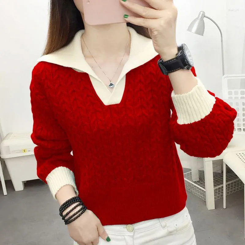 Women's Sweaters 2023 Women's Clothing Autumn Winter Polo-Neck Patchwork Color Long Sleeve Jumpers Knitted Loose Fashion All-match Chic