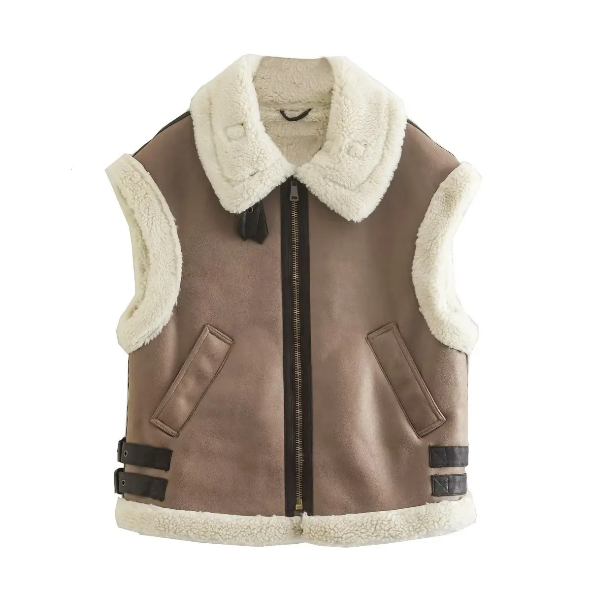Women's Reversible Vest With Faux Fur Trim - Brown Winter Warm