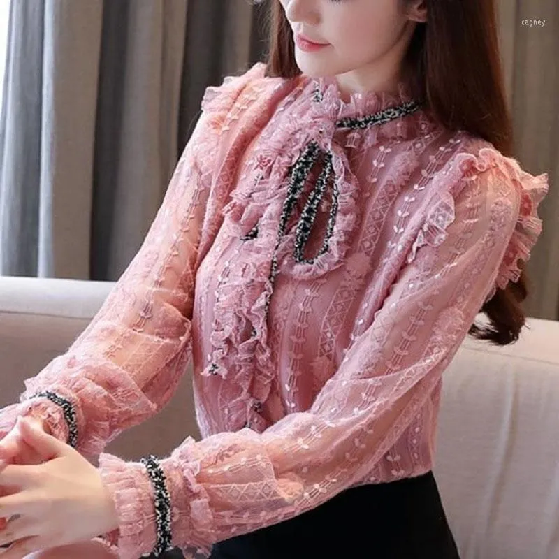 Blouses feminina Moda Moda Lace Up Up Bow Floral Blush Rouse feminino 2023 Spring Pullovers casuais soltos Spring All-Match Sweet