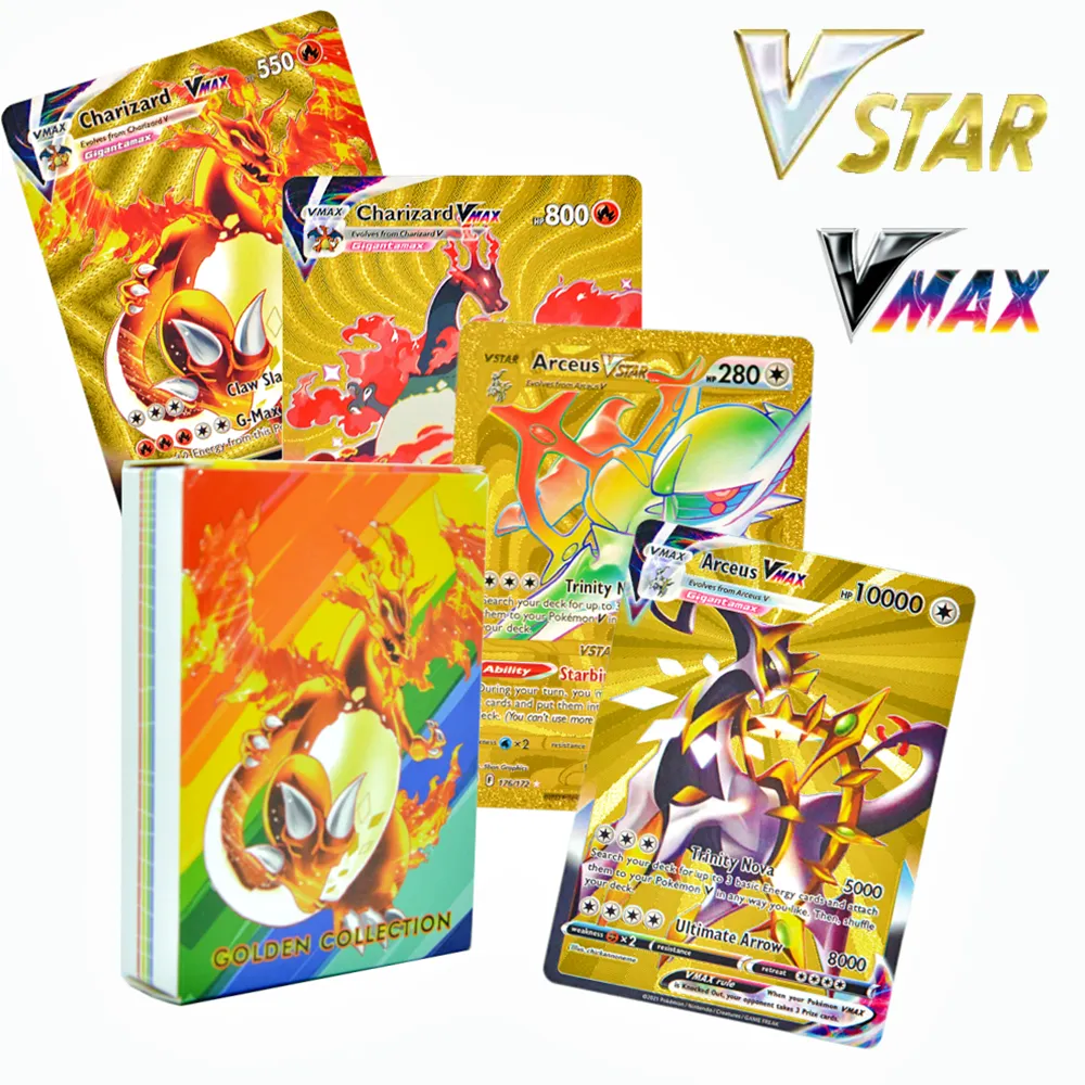 Boîte de cartes Pokemon Pikachu or argent, 11 à 55 pièces, cartes à jouer  espagnol/anglais/français, Charizard Vmax Gx, carte de jeu, cadeau pour