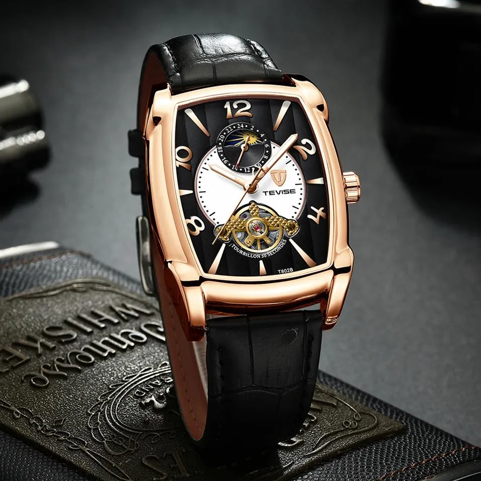 2019 Tevise Mens Watches Moon Phase Tourbillon Mechanical Watch Men Leather Luminous Sport Wristwatch Relogio Masculino253J