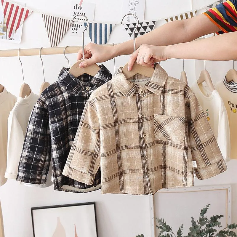 Shirts Fashion Boys Shirt Plaid Style Kids Long Sleeve Children's Cotton Clothes Baby Boy Girls Thicken Blouses Velvet Tops