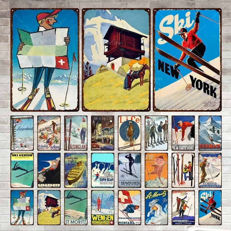 New York St Moritz Ski Plaque en métal en étain Ski en hiver Plaque en étain Stickers muraux Peinture en fer Garage Plaques décoratives pour la maison Panneau personnalisé Taille 30 x 20 cm w01