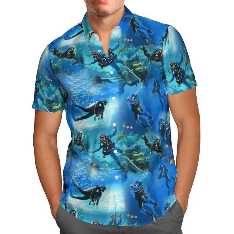 Camisas casuales para hombres Cool Diving 3D Beach Hawaiian 2023 Summer Blue Shirt manga corta Streetwear Oversized 5XL Camisa Social Chemise Homme-9