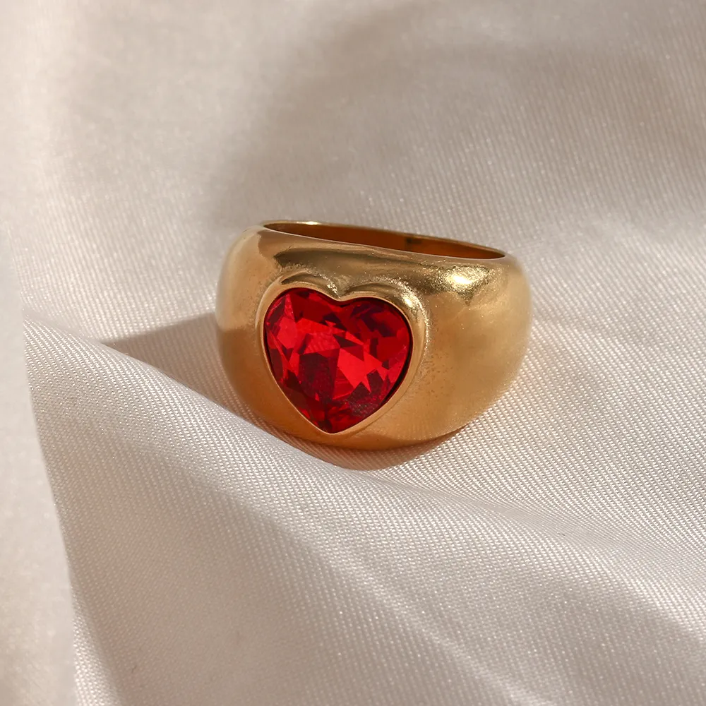 Wedding Rings Stainless Steel Statement Red Zircon Stone Heart Ring Exaggerated Bold Chunky Ring Band Party Rings For Women 230302