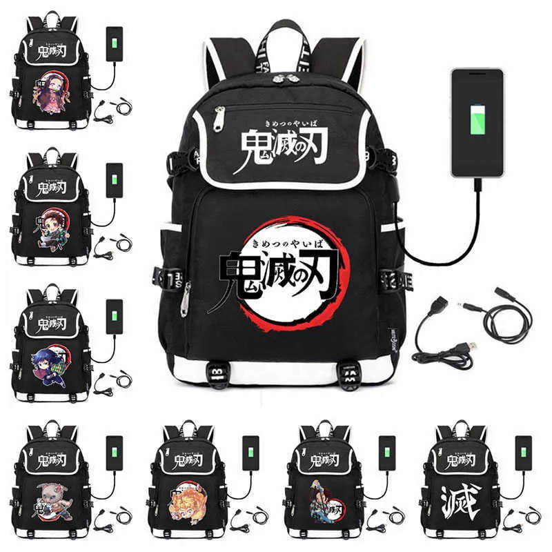 Mochila Anime Demon Slayer Kamado Nezuko mochila USB bolsa de viaje libro mochilas escolares Cosplay hombres estudiante paquete escolar mochilas regalo