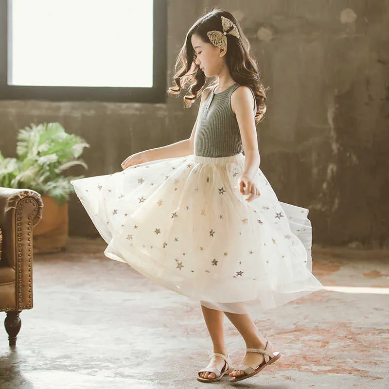 Gonne Nuove ragazze gonna di paillettes 2021 primavera stella lucida rete garza lunga principessa gonna corta gonna di tulle per bambini abbigliamento