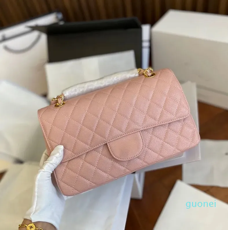 Designer-Pink Classic Double Cowhide Flap Rectangle Bags Green Caviar Calfskin Genuine Leather Gold Metal Hardware Turn Lock Quilted Crossbody Shoulder Handbags