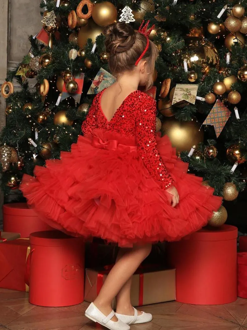 Девушка платья красное пушистое принцесса с длинным рукавом цветочное платье милая детская многоуровневая юбка для детской вечеринка по случаю дня рождения