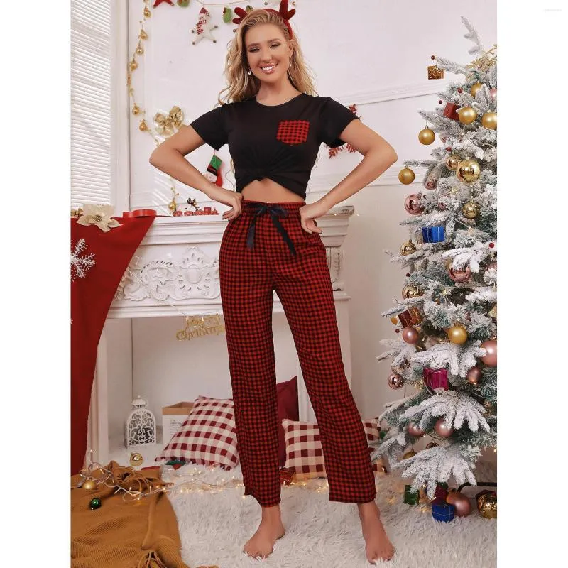 Women's Sleepwear 2023 Autumn 2 Pieces Pyjamas Set Women Modal Round Neck Girls Plaid Christmas Pajamas Sets Full Clothess Tops