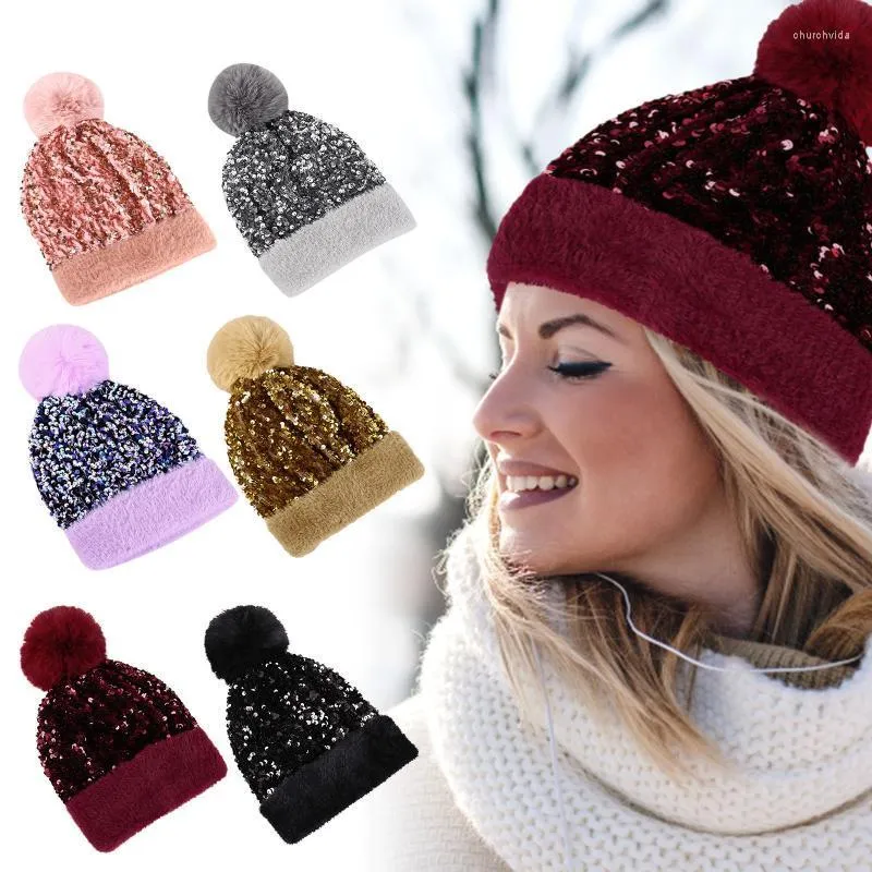 Berretti Berretto/Cappelli con teschio Berretto di lana con paillettes Tendenza moda donna Tinta unita Casual Palla di pelo Caldo Protezione per le orecchie Cappello Sci Crochet Gorras