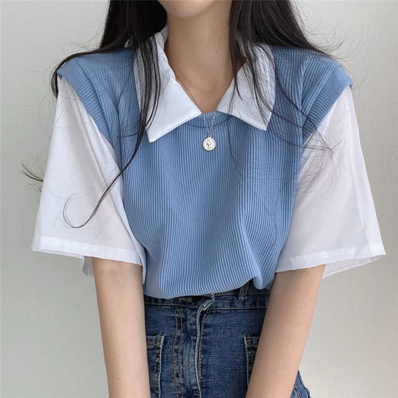 Yasuk 2023 Spring Summer Casual Shirts Pullover Women's Loose Tees Top Fake Two Piece Suit AllMatch Söt Student Preppy Style 230301