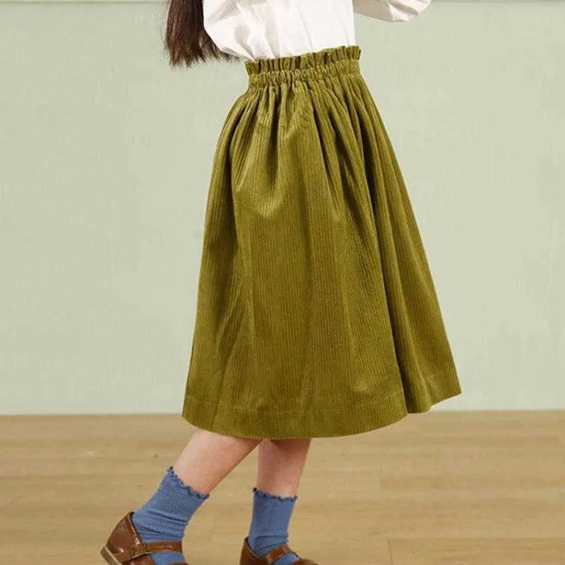 تنورات الأزياء الجديدة فتاة corduroy تنورة A-LINE LONG ITREDLER Girl Girl Spring Autumn High Weist Skirt Complements 2-14y T230301