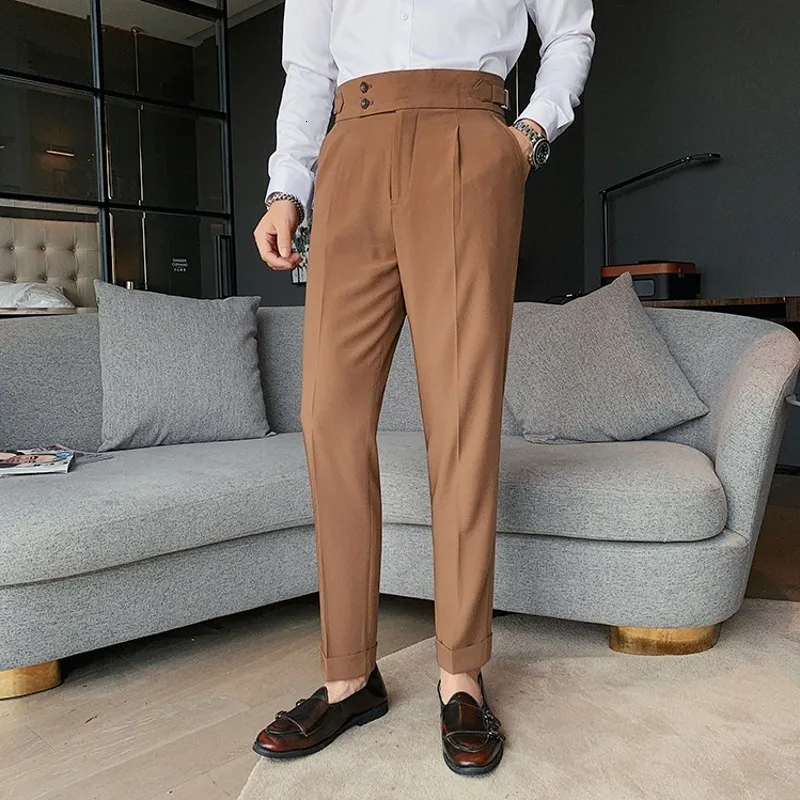 Erkek Pantolon Tasarım Erkekler Yüksek Bel Pantolon Katı İngiltere İş Rahat Takım Elbise Pantolon Kemer Düz Slim Fit Altları Beyaz Giyim 230302