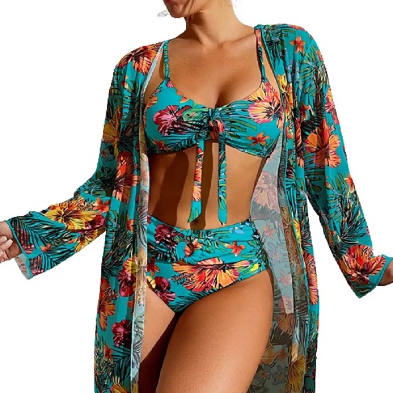 Bikini's Set Dames Zwemkleding Badpak Lange mouw Blouse Split Drie sets print Sexy Bikini Nieuw Groot Blauw