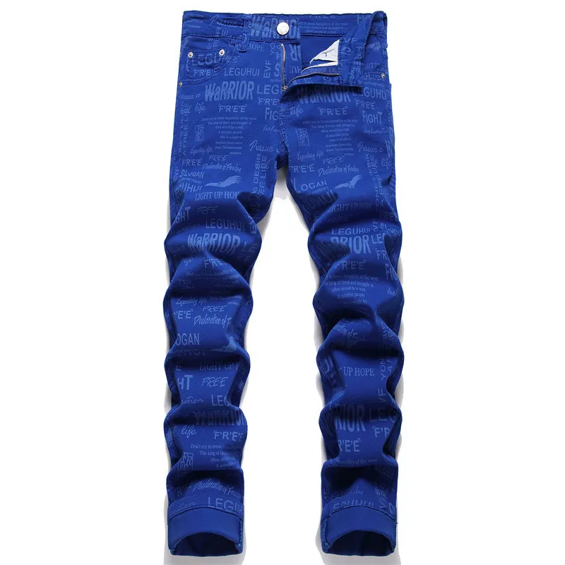 Jeans pour hommes Été Bleu Jeans pour hommes Impression numérique Slim Stretch Mid-Waist Slacks Hip Hop Streetwear 230302