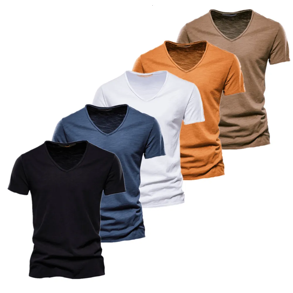 남자 티셔츠 AIOPESON 5 PCS 브랜드 T 셔츠 남성 캐주얼 한 단색 슬림 한 v- 넥 티셔츠 남성 여름 품질 100%면 티셔츠 남성 230302