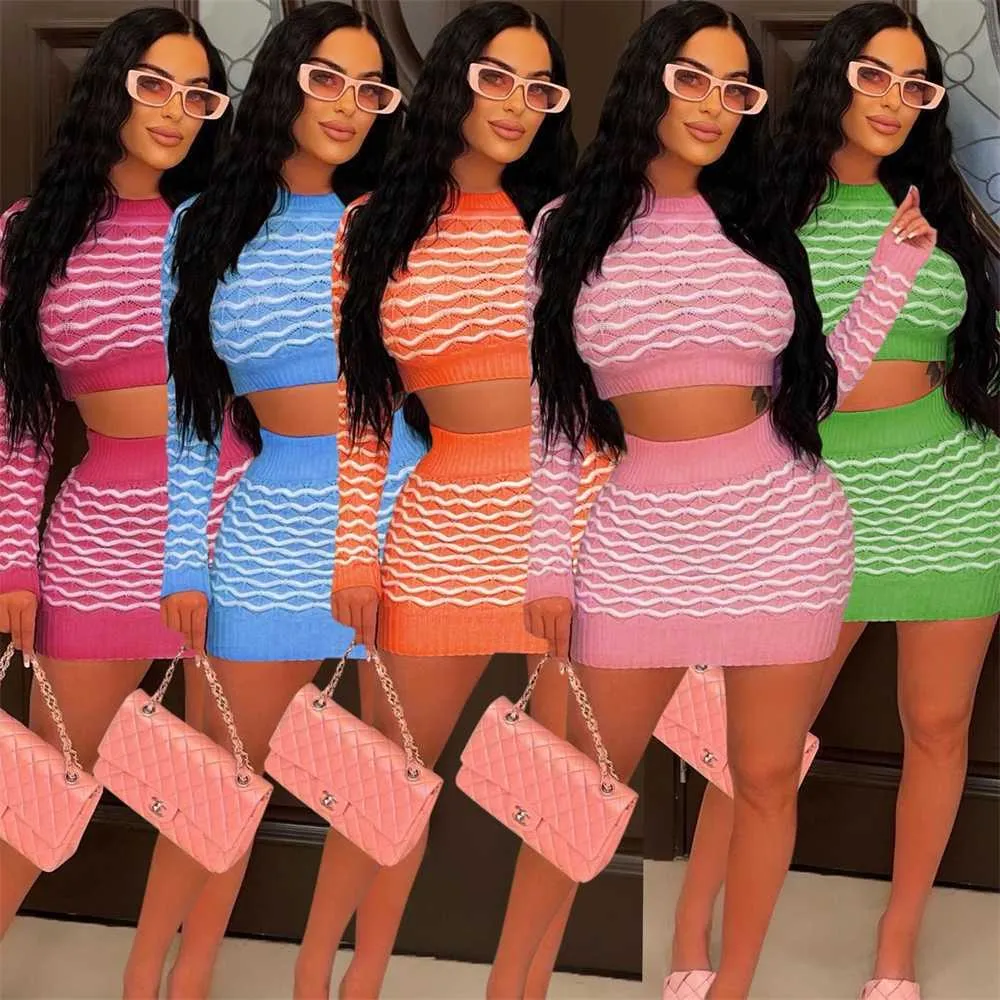 Women Two Piece Dress Set Designer 2023 New Slim Casual Sexy Stripe Waist Tight Skirt Set 5 Colours