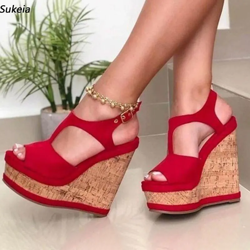 Sukeia Handmade Women Platform Sandals Buckle Wedges Heels Round Toe Beautiful Red Party Shoes Ladies US Plus Size 5-20