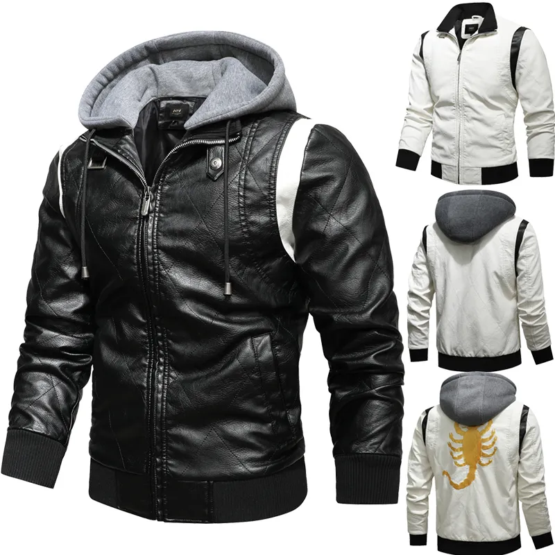 Men's Leather Faux Autumn Winter Bomber Jacket Men Scorpion Embroidery Hooded PU Motorcycle Mens s and Coats 230301