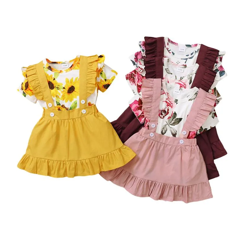 Clothing Sets 2Pcs Kids Summer Tracksuit Floral Short Sleeves T-Shirt Solid Color Ruffled Overalls Dress For Girls Outfits