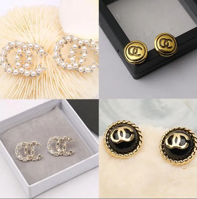 20style 18K Gold Plated Korean Double Letters Stud Luxury Designer Earring Geometric Women Round Crystal Rhinestone Pearl Long Earrings Wedding Party Jewelry