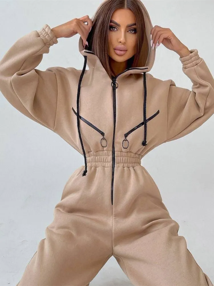 Women's Jumpsuits Rompers Overalls For Women Hoodie Jumpsuit Women Elegant Long Sleeve Outfits Warm Romper Female Zipper Pocket Playsuit Winter 230301