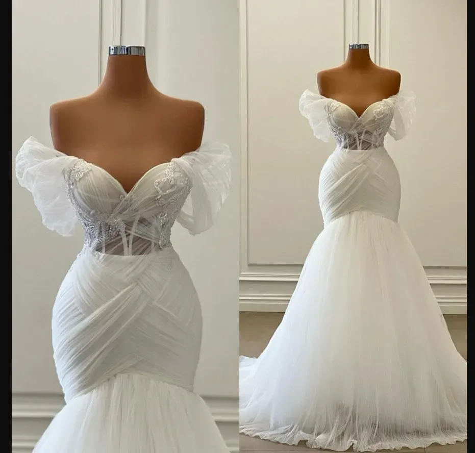 2023 Mermaid Wedding Dresses Bridal Gown Lace Applique Beaded Off the Shoulder Straps Sweep Train Tulle Custom Made Country Plus Size vestido de novia
