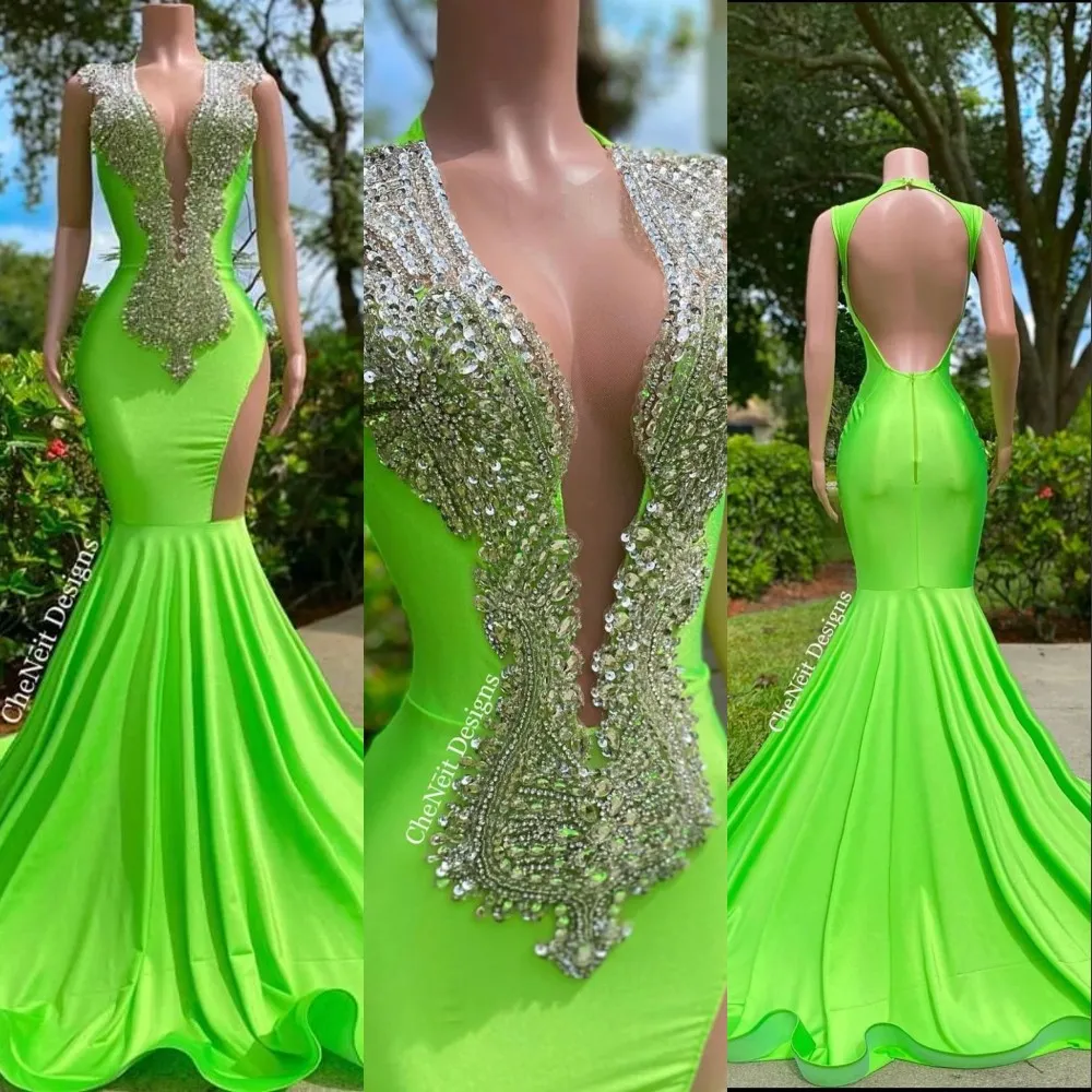 2023 Prom Dresses Green Orange Mermaid Deep V neck Sleeveless Silver Crystals Beads Black Girls Long Graduation Dress Plus Size Formal Evening Gowns Open Back