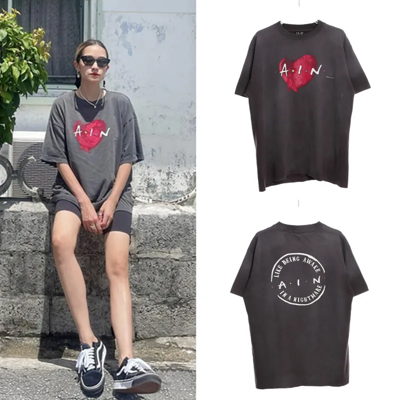 23ss Primavera Verão Tee Japão Amor Coração Vintage Impressão Camiseta Homens Mulheres Moda Rua Casual Algodão Camiseta