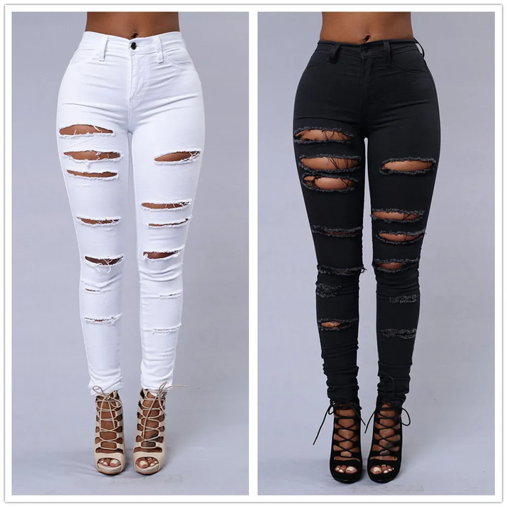 Women's Jeans Spring Summer Elastic Trousers Black and White Ripped Jeans Fashion Sexy Skinny Denim Pencil Pants S-3XL Drop 230301