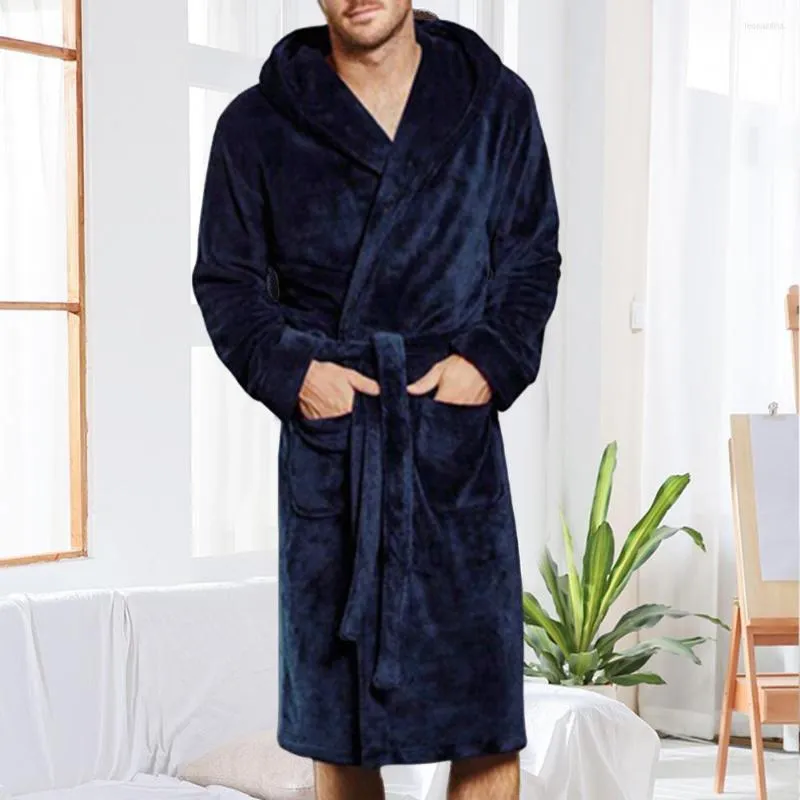 Men's Sleepwear Open Stitch Chic Winter Warm Hooded Fleece Lengthened Nightgown Thermal Men Bathrobe Solid Color Daily Clothing