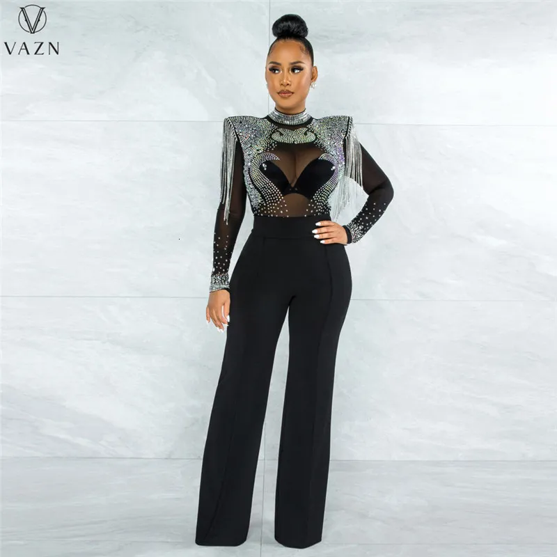 Women's Jumpsuits Rompers VAZN Lady Fashion High Street Style Jumpsuits Long Sleeve High Collar Appliques Zipper Jumpsuits Long Pants 230301