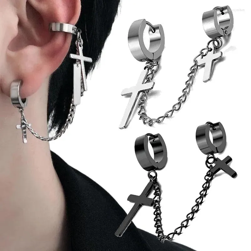 Dangle Earrings 1 Peice Punk Cross Tassel Clip For Women Teens Men Ear Cuffs Stainless Steel Hip Hop Jewelry Vintage Chain Metal Earing