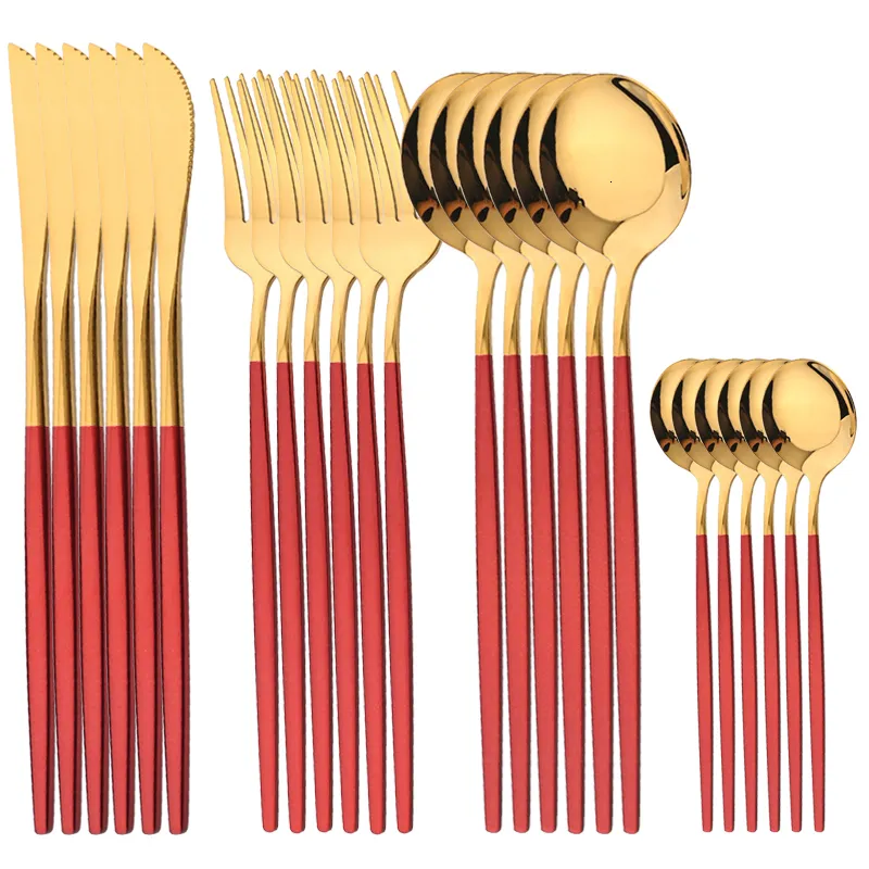 Учебная посуда наборы Ajoyous 24pcs Red Gold Knives Fork Spoon Столоки из нержавеющей стали кухонная столовая столовая приборочная приборочная приборочная приборочная приборочная приборочная приборочная прибоя 230302