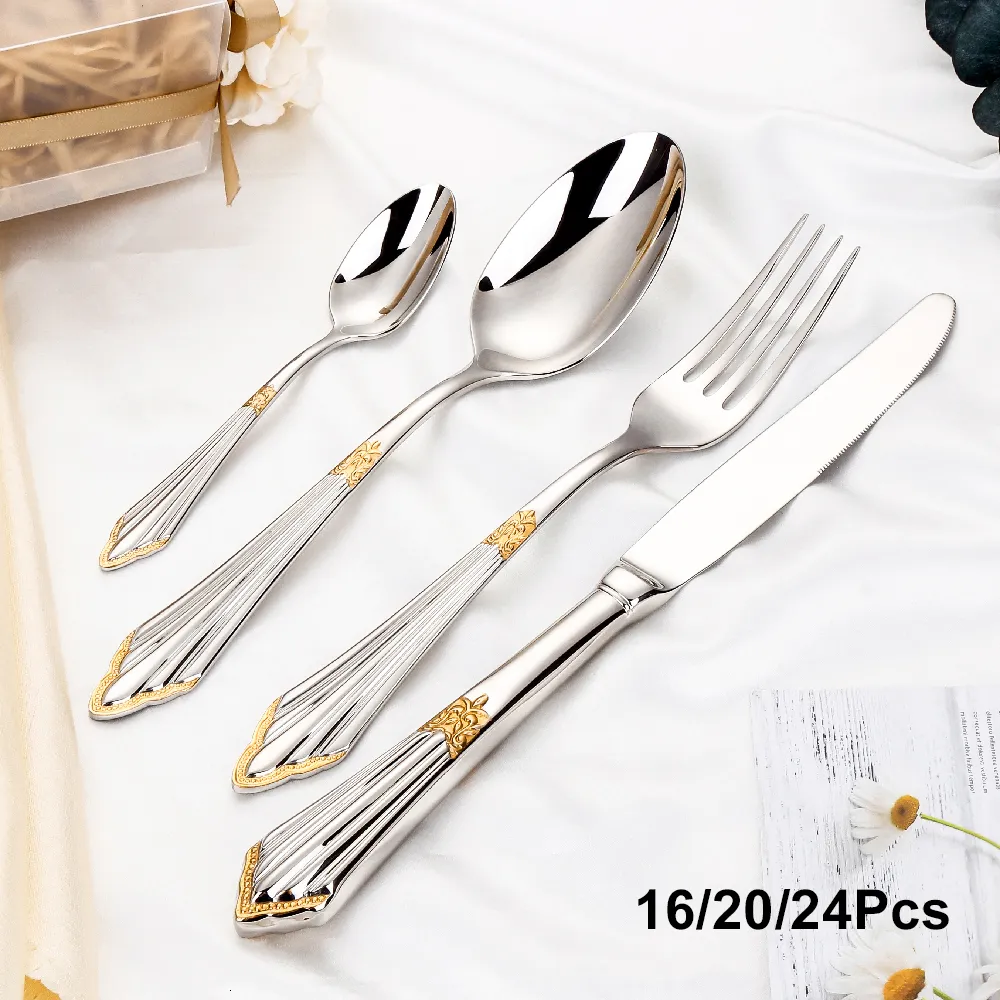 Set di stoviglie 162024 Pezzi Posate placcate oro Acciaio inossidabile Stoviglie di lusso Coltello forchetta Cucchiaio Utensili da cucina 230302