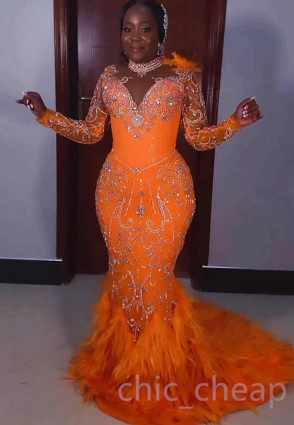 2023 Arabic Aso Ebi Orange Mermaid Prom Dresses Beaded Crystals Feather Evening Formal Party Second Reception Birthday Engagement Gowns Dress ZJ224