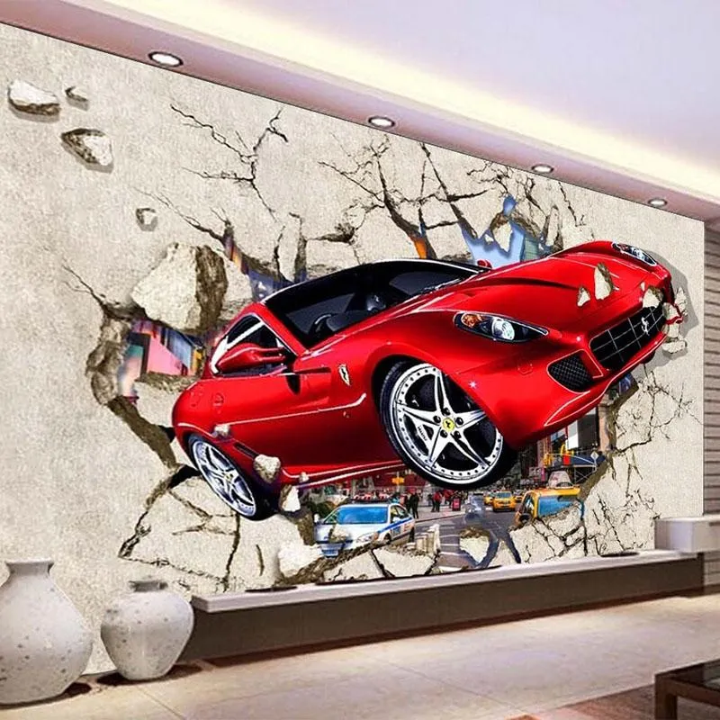 壁紙カスタムポー3D漫画赤い車壊れた壁画子供キッドルームバックドロップウォールクロスリビングルームホーム装飾フレスコ