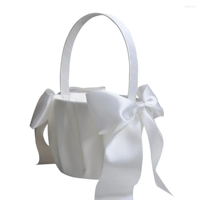 Party Decoration Romantic White Satin Lace Bowknot Pearl Flower Girl Basket For Wedding Ceremony Supplies Portable Flowers