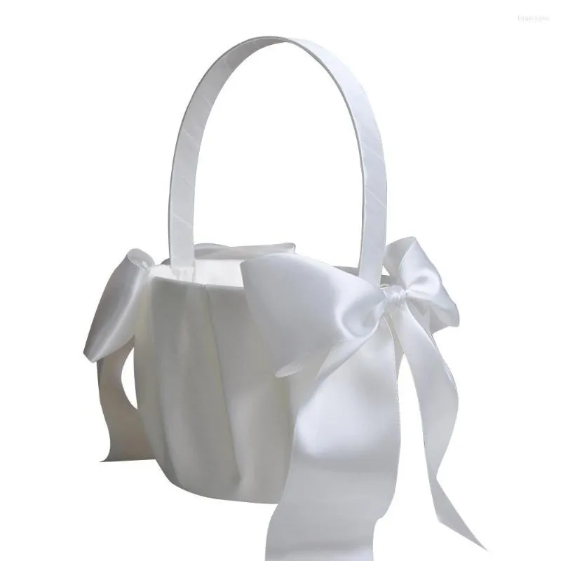 Décoration de fête romantique blanc Satin dentelle nœud papillon perle fleur fille panier pour mariage cérémonie fournitures Portable fleurs