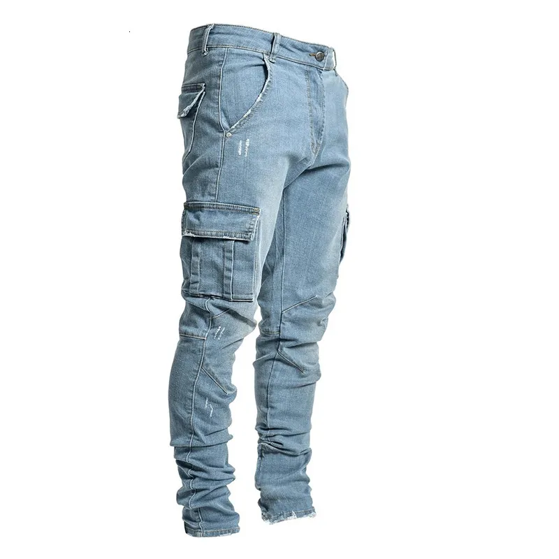 Erkekler kot çok cep kargo kot pantolon erkek moda denim kalem pantolon kot pantolon sıradan pamuk kot pantolon yan cepler kargo 230302