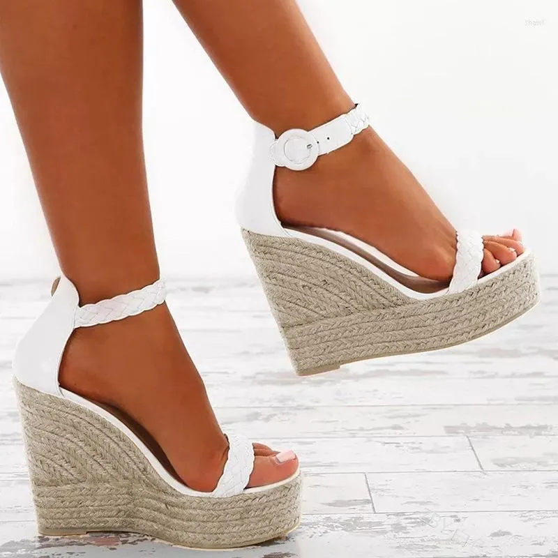 Sandalen Hoog platform Wedge Women Summer Fashion Open Toe Straw Soly Gold Black Lederen Wedges Ankle Riemschoenen