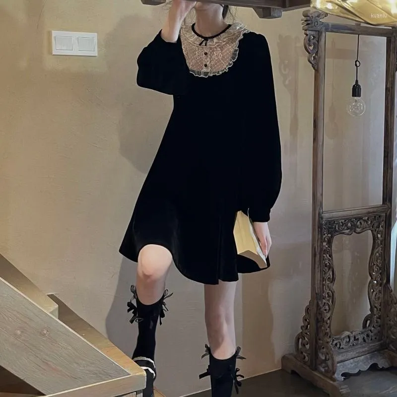 Casual Dresses 2023 Black Kawaii Mini Dress Gothic Lace Patchwork Elegant Vintage Women Long Sleeve Spring Fashion Female Robe