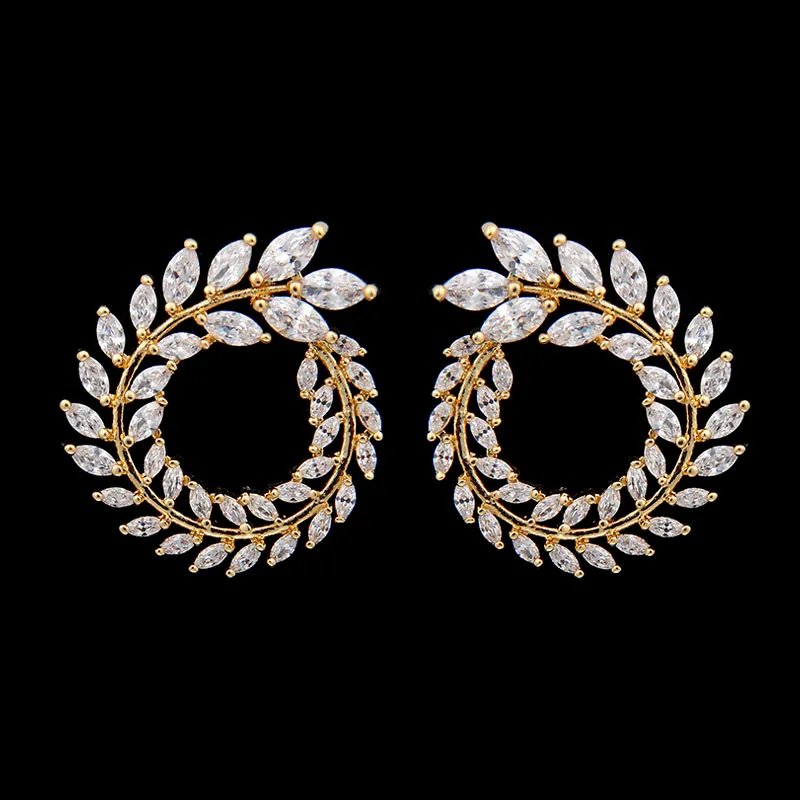 2024 Luxury Olive Branch Cubic Zirconia Stud Earrings For Women White Gold Color Trendy Earring Brincos Gift E119